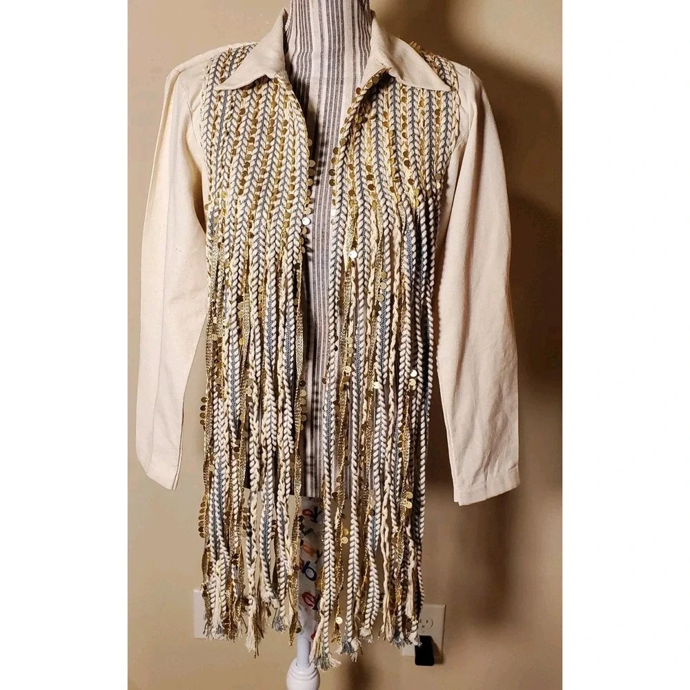 Rishi And Vibhuti Drop Fringe Jacket Handmade In India Woman Sz S Beige & Gold‎